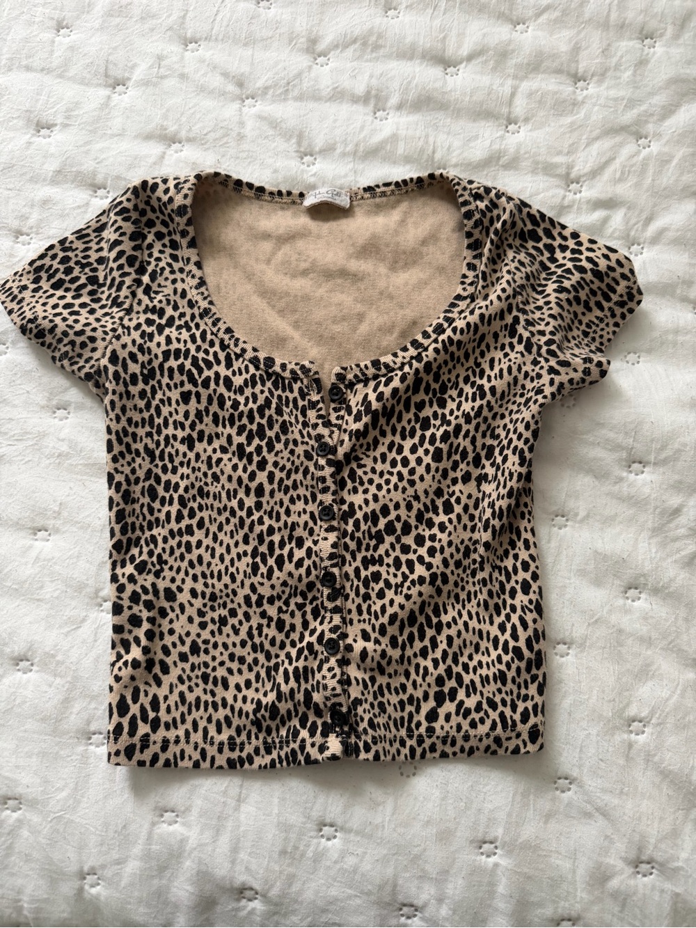 Brandy Melville Beige and Black Leopard Button Front Crop Top